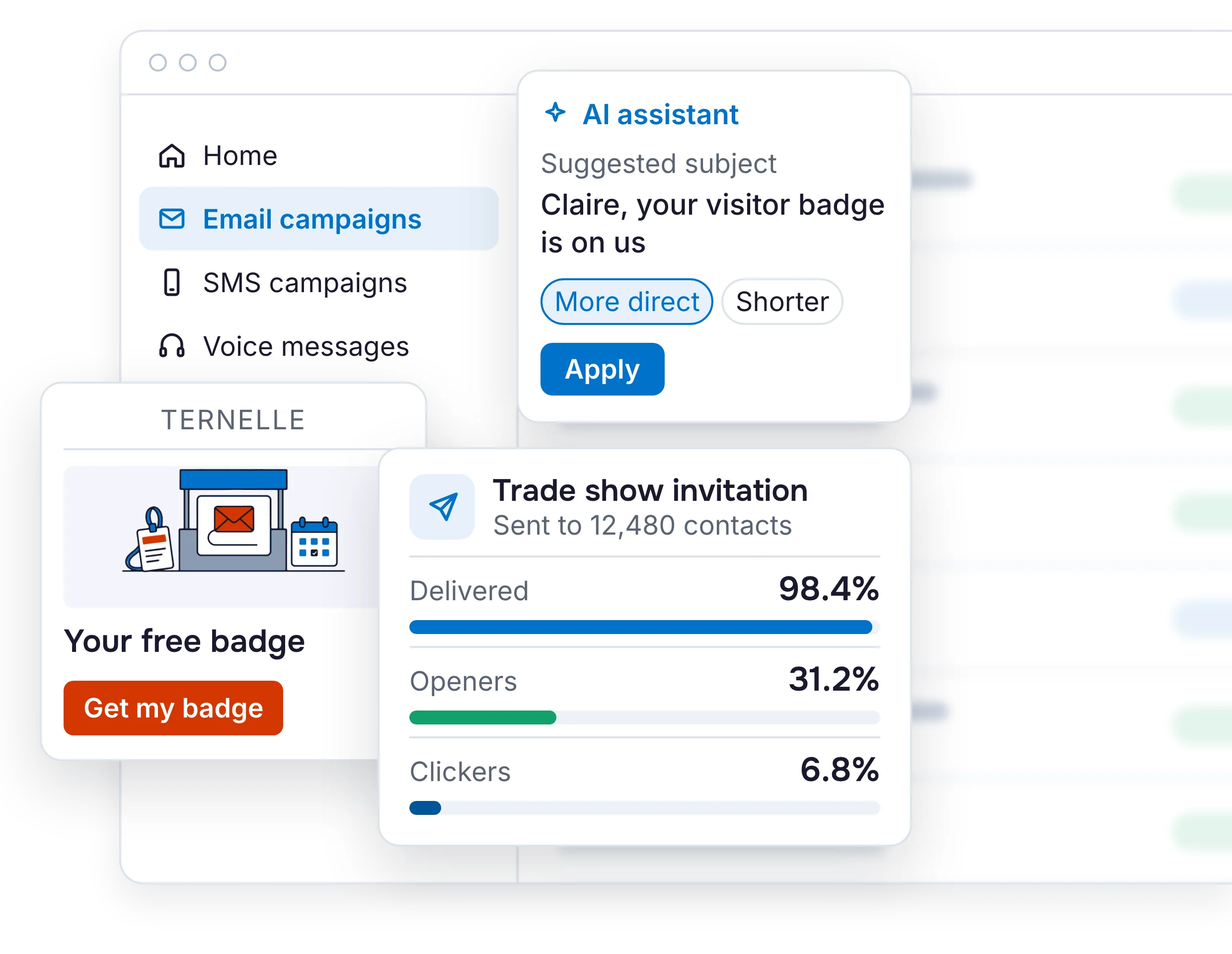 Illustration of the Ediware interface: a sent campaign with its delivered, openers and clickers rates, the subject line suggested by the AI assistant and the email preview
