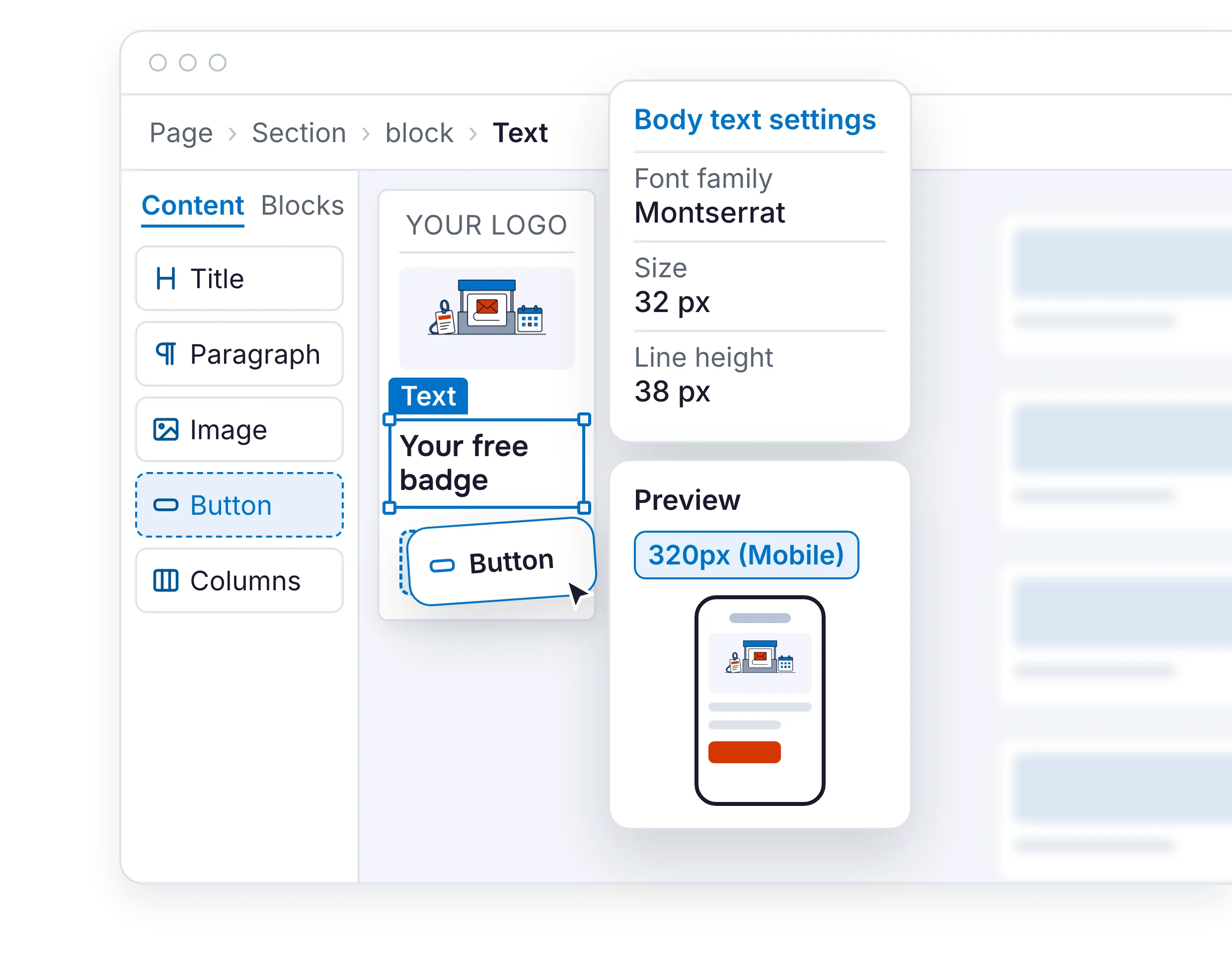 Illustration of the Ediware responsive editor: a Button block dragged from the palette into an email under construction, the settings of the selected text and the mobile preview