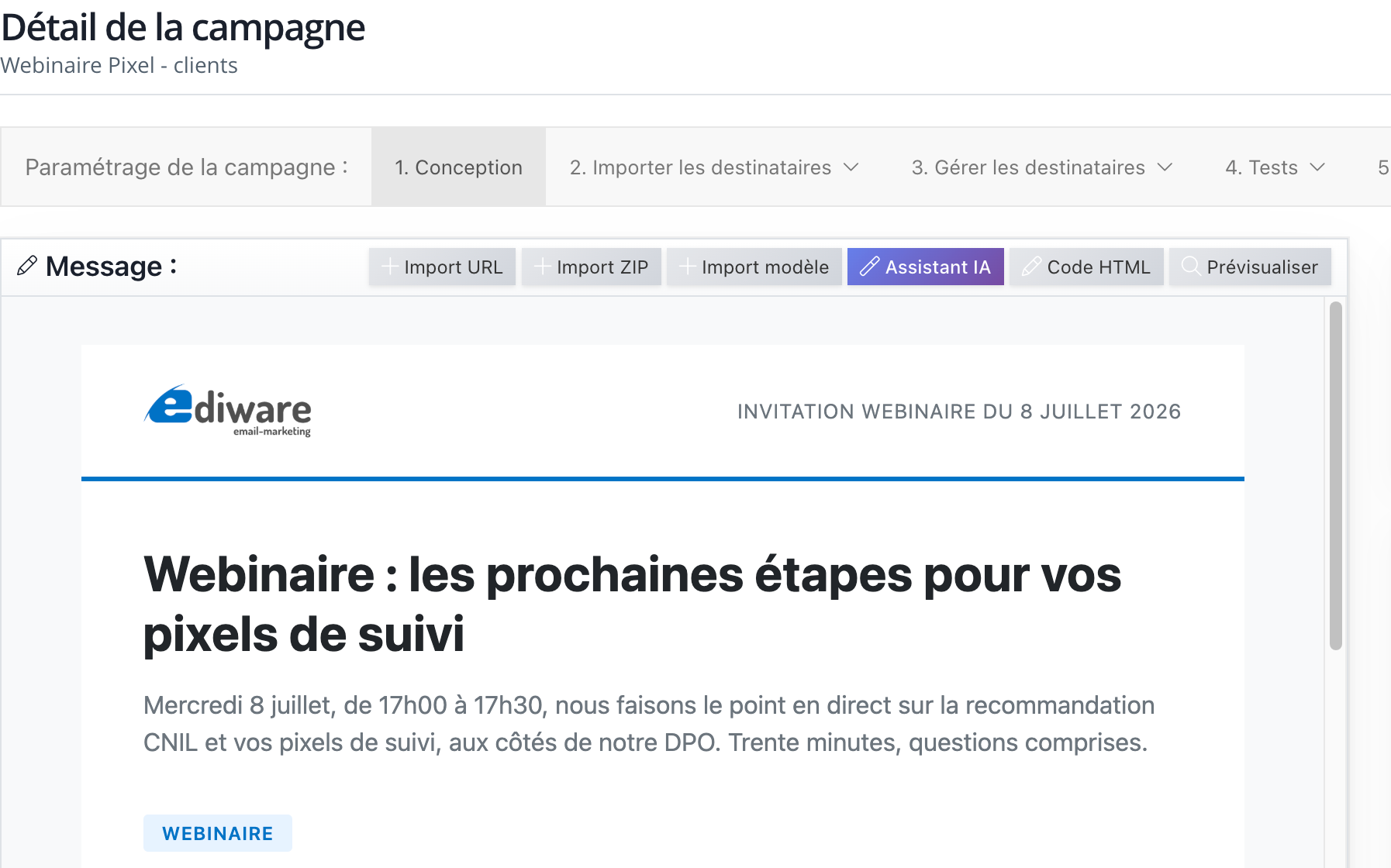 The Ediware campaign editor: five-step workflow, AI assistant and message preview