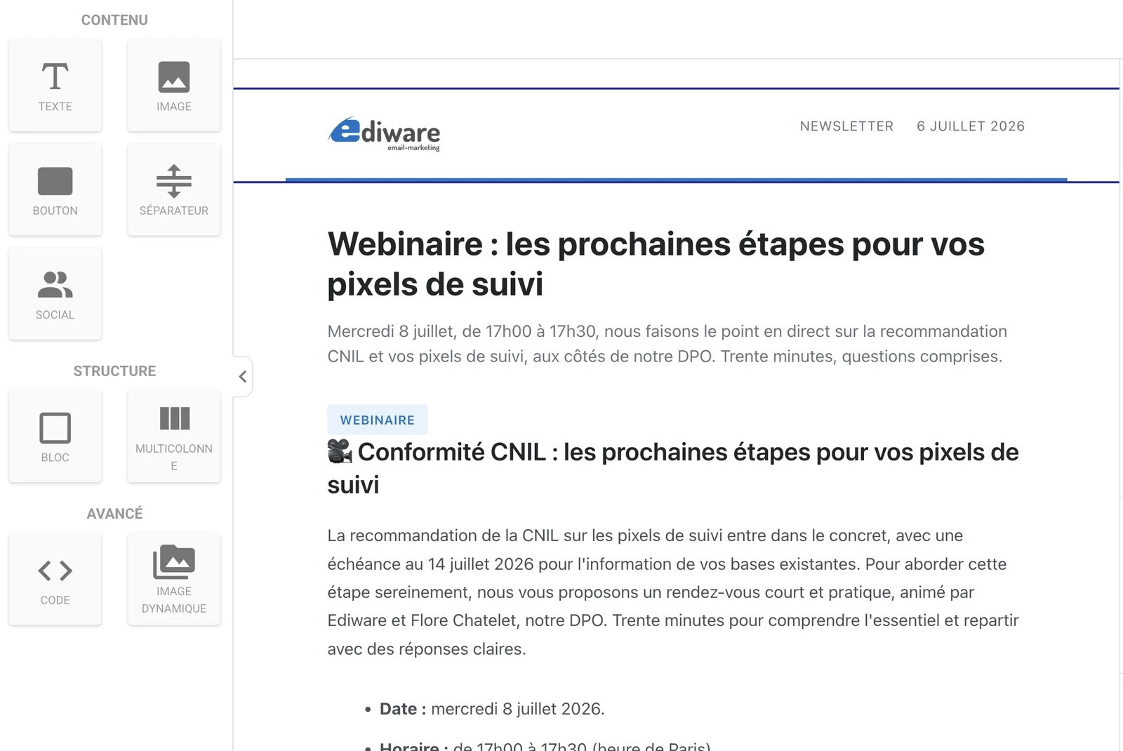 The Ediware block editor: text, image, button, divider, columns and code, dragged into the message