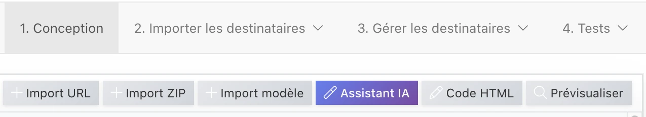 The Ediware campaign editor bar: design, recipient import and management, tests, then import by URL, ZIP or template, AI assistant, HTML code and preview